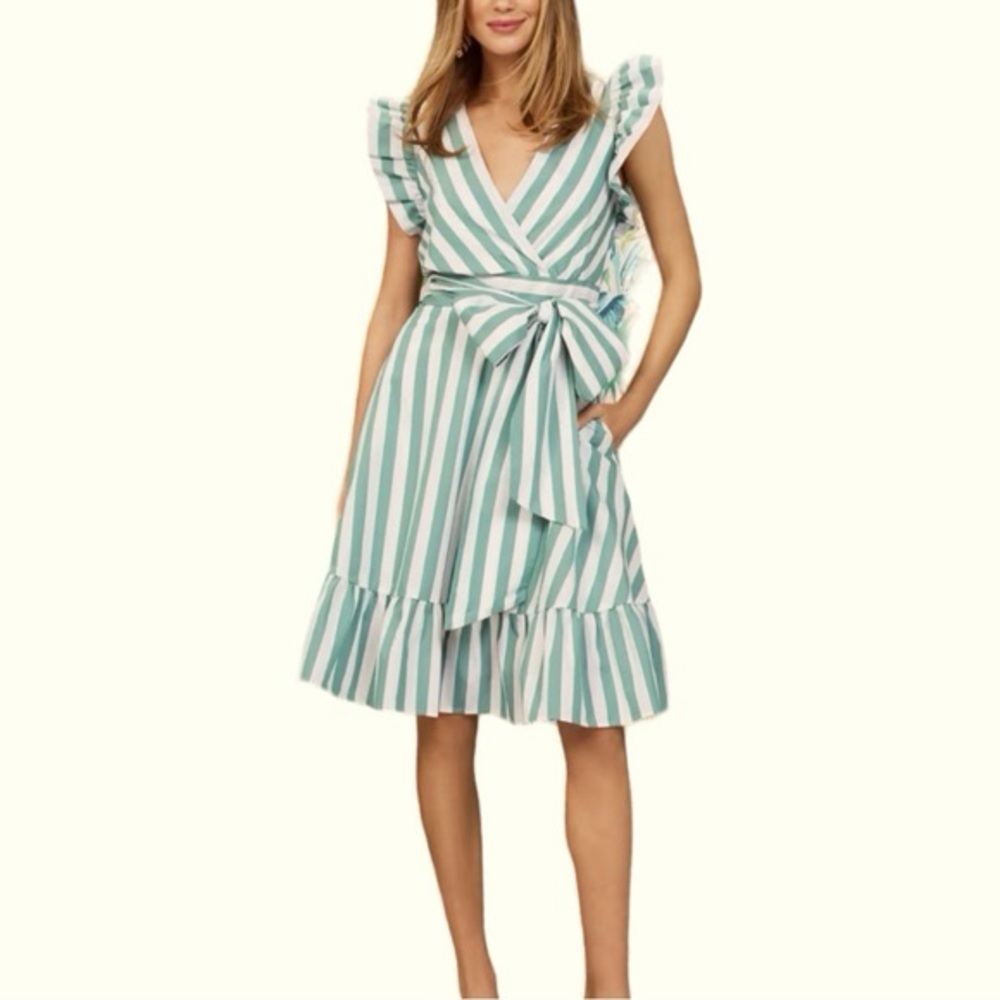NY&C Ruffled Striped Wrap Dress M Green White NWT Tie Waist Pockets NEW